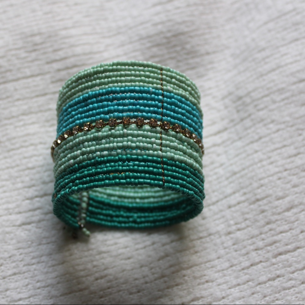 Blue Turquoise Beads with Crystals Cuff Bracelet